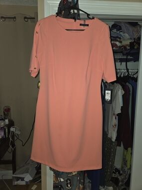 Tommy Hilfiger Coral Midi Shift Dress with Button Sleeve Detail